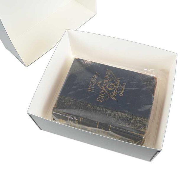 19th century mason book in an archival metal edge box