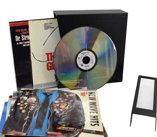 Array of LaserDiscs and an archival storage box