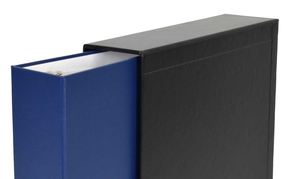 Close-up view of our 2-1/2" Blue Collector Grade Binder with Slipcase