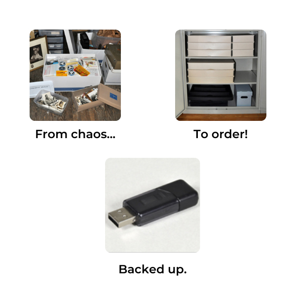 Disorganized storage to organized archival storage that is scanned and backed up.