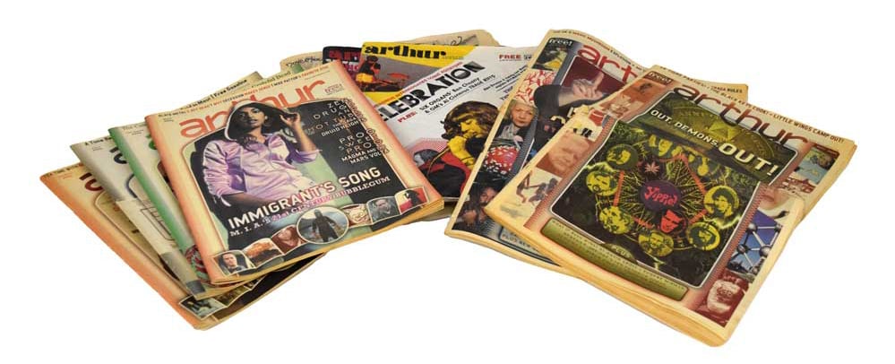 Copies of Arthur magazine from around 2005 showing the yellowing effects of acidic newsprint paper.