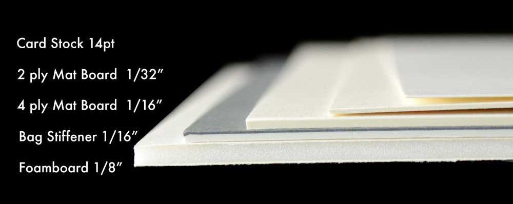 Five different backing board options stacked to compare the thicknesses.