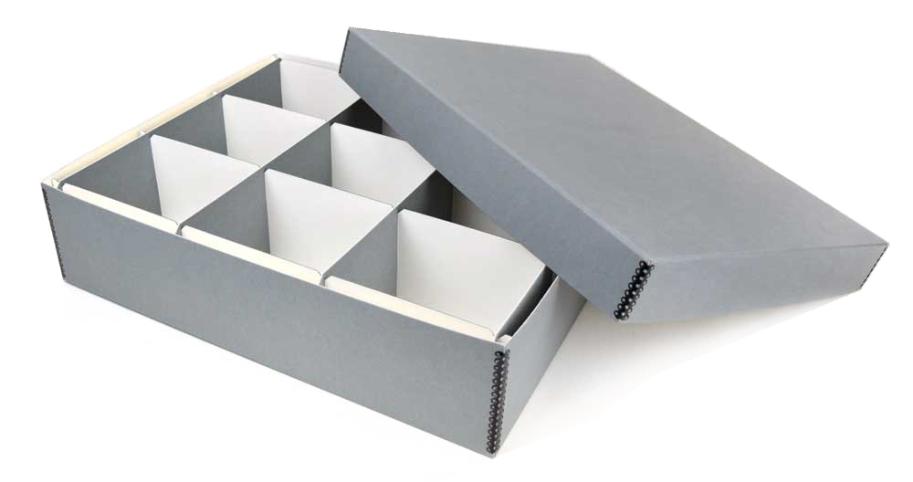 Archival Methods gray storage box and lid with divider for 9 separate compartments.