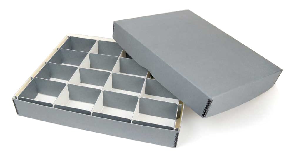 Archival Methods gray storage box and lid with divider for 16 separate compartments.