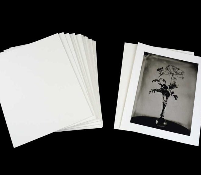 Stack of acid-free, archival Conservation Mat Board with a sepia toned photograph of a vse with flowers.