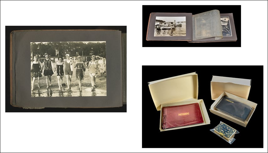 Store vintage photo albums in poly bags inside archival metal edge boxes