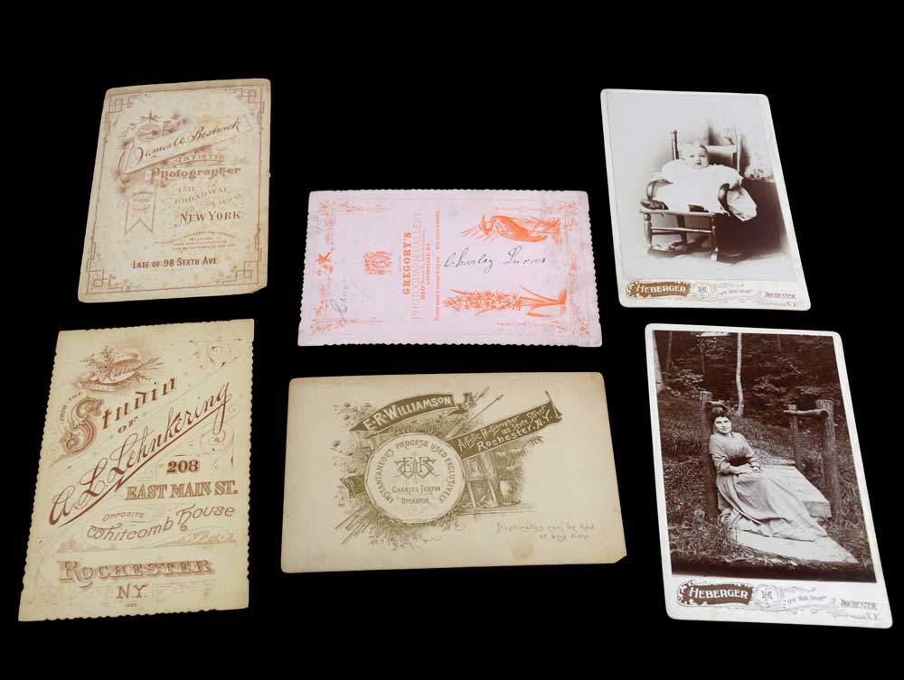 19th century cabinet cards showing front photo and back views with studio names