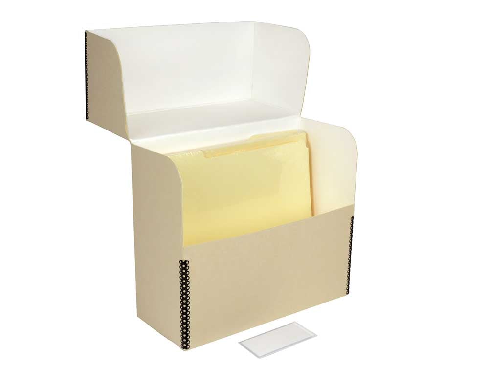 Archival Document Storage Kit with a tan letter-size document box and 50 acid-free third-cut file folders for long-term preservation.