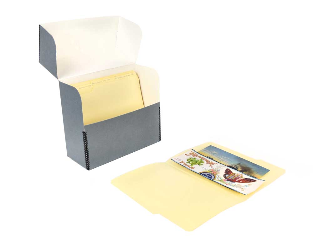 Archival Document Storage Kit with a gray letter-size document box and 50 acid-free third-cut file folders for long-term preservation.
