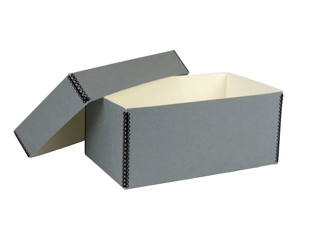 Gray archival Short Top Boxes made from acid-free materials with white interiors, designed for long-term photo and document storage.