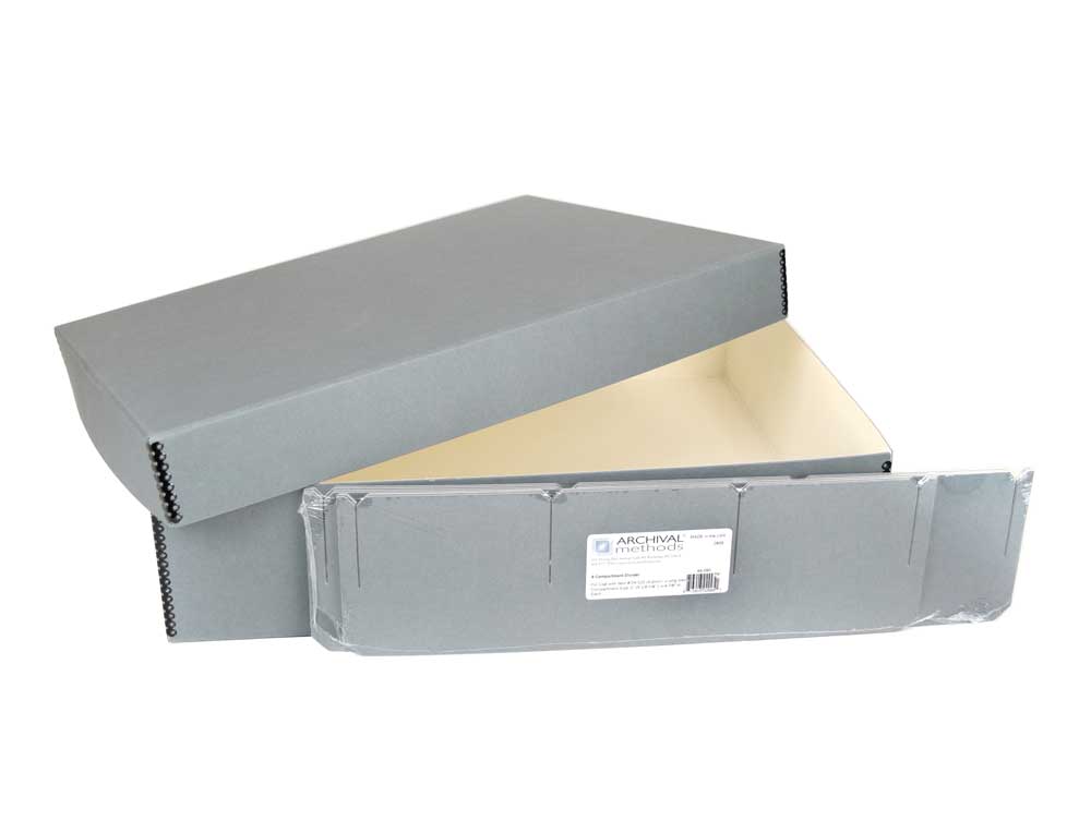Archival Object Storage Kit with an acid-free box and dividers for preserving collectibles, heirlooms organized in compartments.
