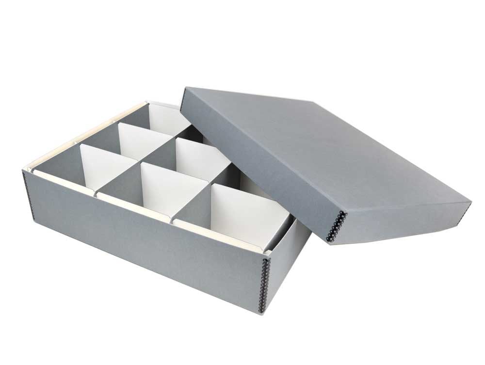 Archival Object Storage Kit with an acid-free box and dividers for preserving collectibles, heirlooms organized in compartments.