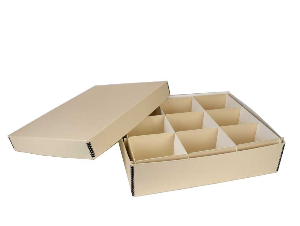Archival Object Storage Kit with an acid-free box and dividers for preserving collectibles, heirlooms organized in compartments.