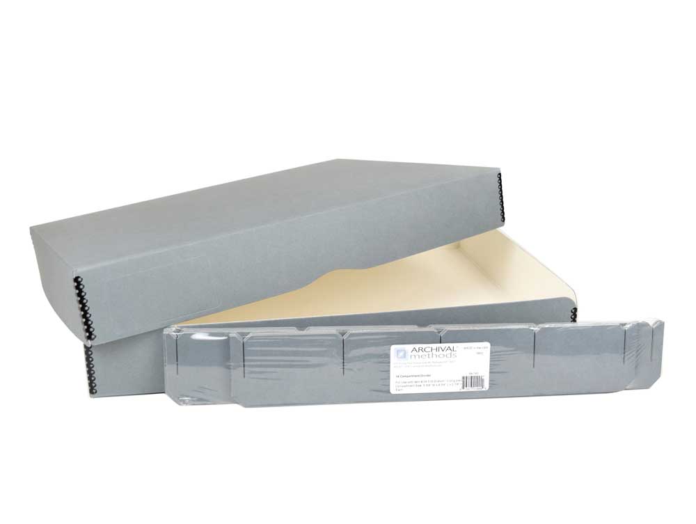 Archival Object Storage Kit with an acid-free box and dividers for preserving collectibles, heirlooms organized in compartments.