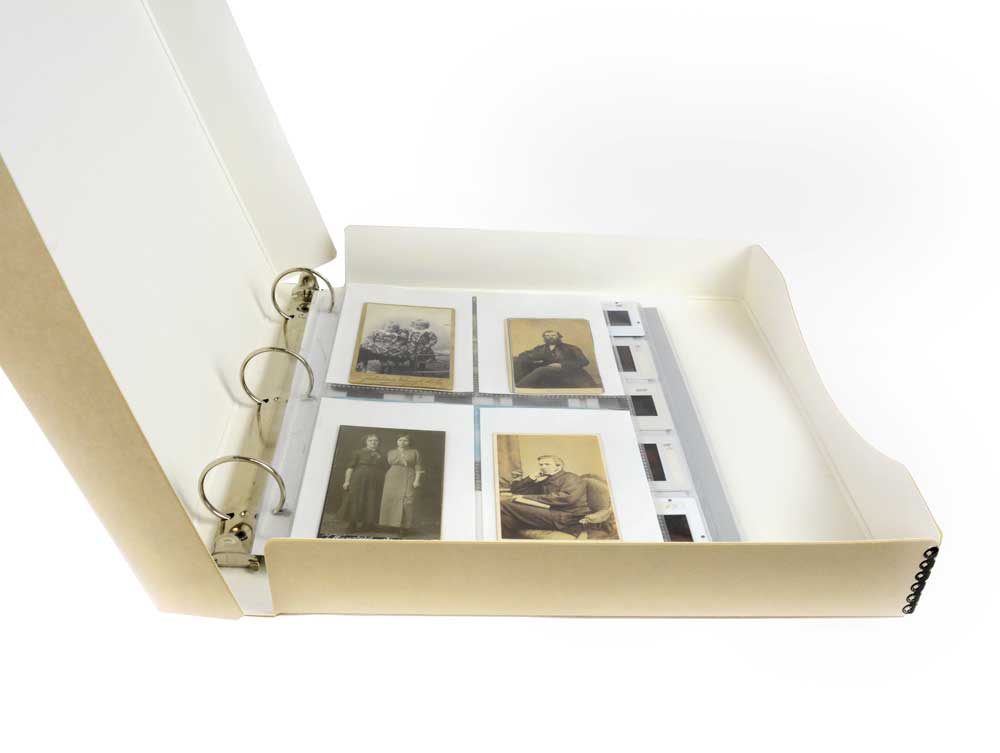 Open tan Binder-In-A-Box combines a 3-ring binder & box made from acid-free materials for preserving photos and documents.