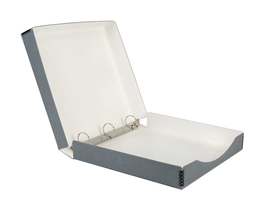 Open gray Binder-In-A-Box combines a 3-ring binder & box made from acid-free materials for preserving photos and documents.