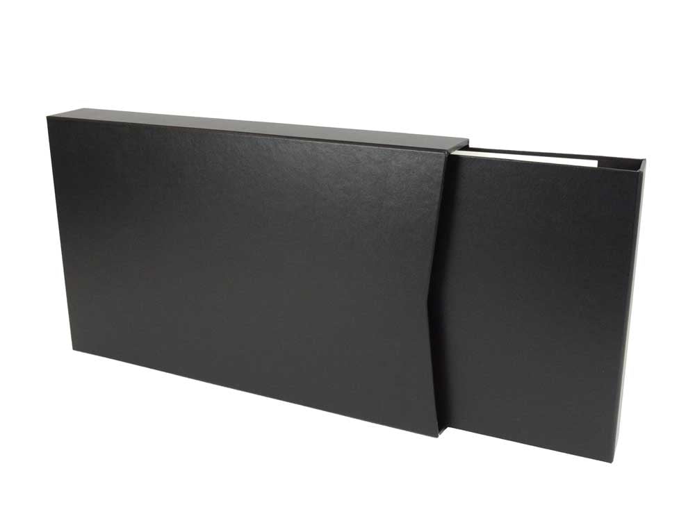A large 11x17 size 3-ring binder in black with a black slipcase is designed as an archival binder to protect photos and documents.