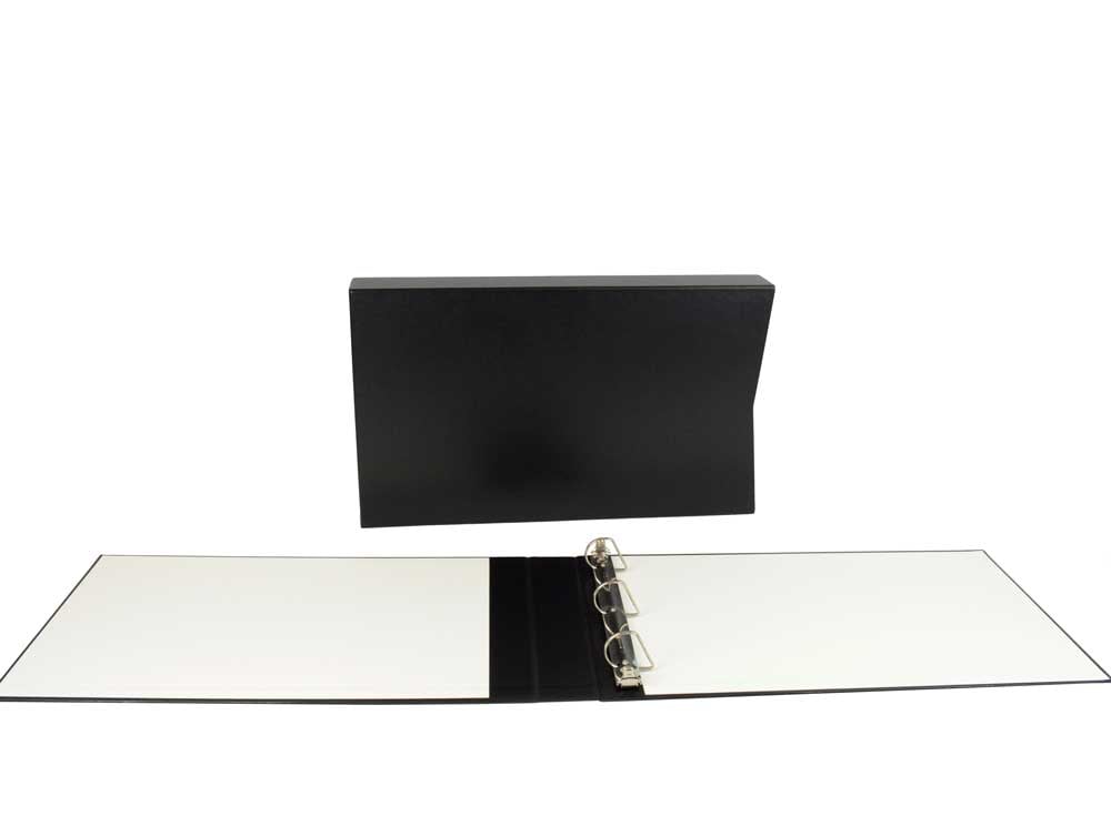 A large 11x17 size 3-ring binder in black with a black slipcase is designed as an archival binder to protect photos and documents.