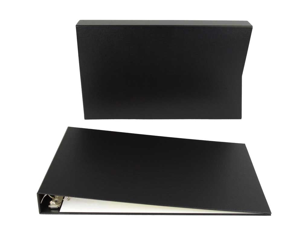 A large 11x17 size 3-ring binder in black with a black slipcase is designed as an archival binder to protect photos and documents.