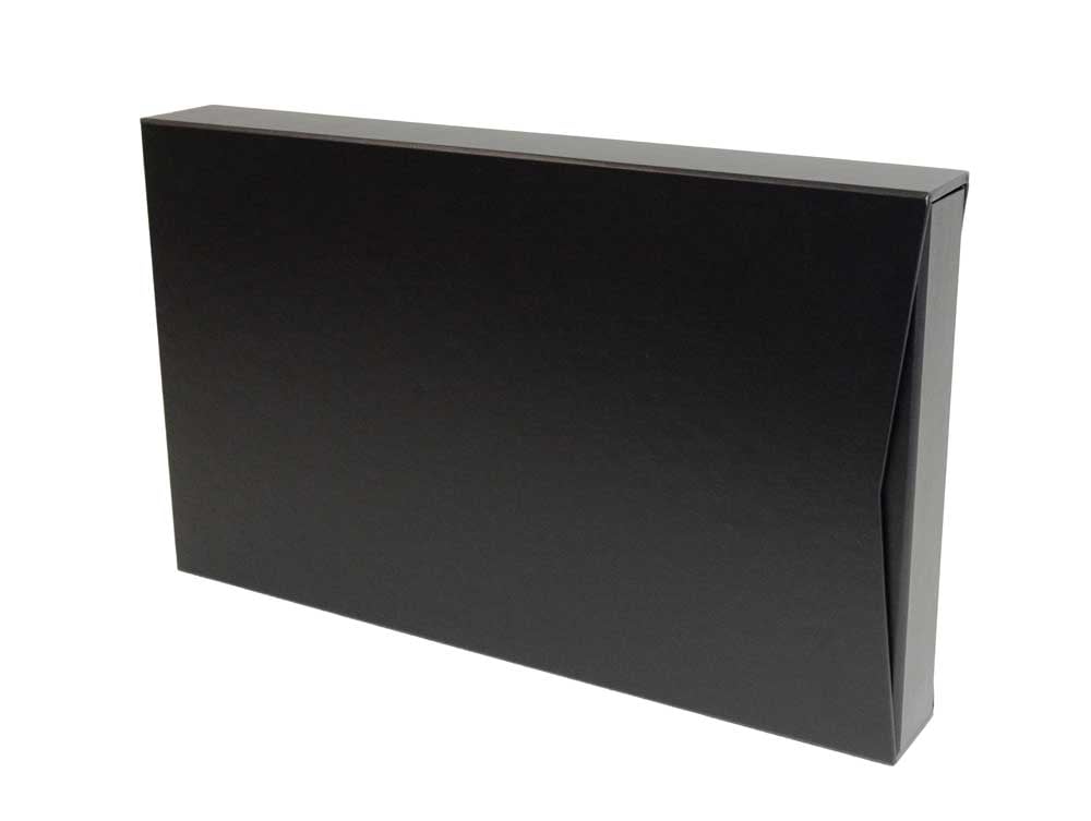 A large 11x17 size 3-ring binder in black with a black slipcase is designed as an archival binder to protect photos and documents.