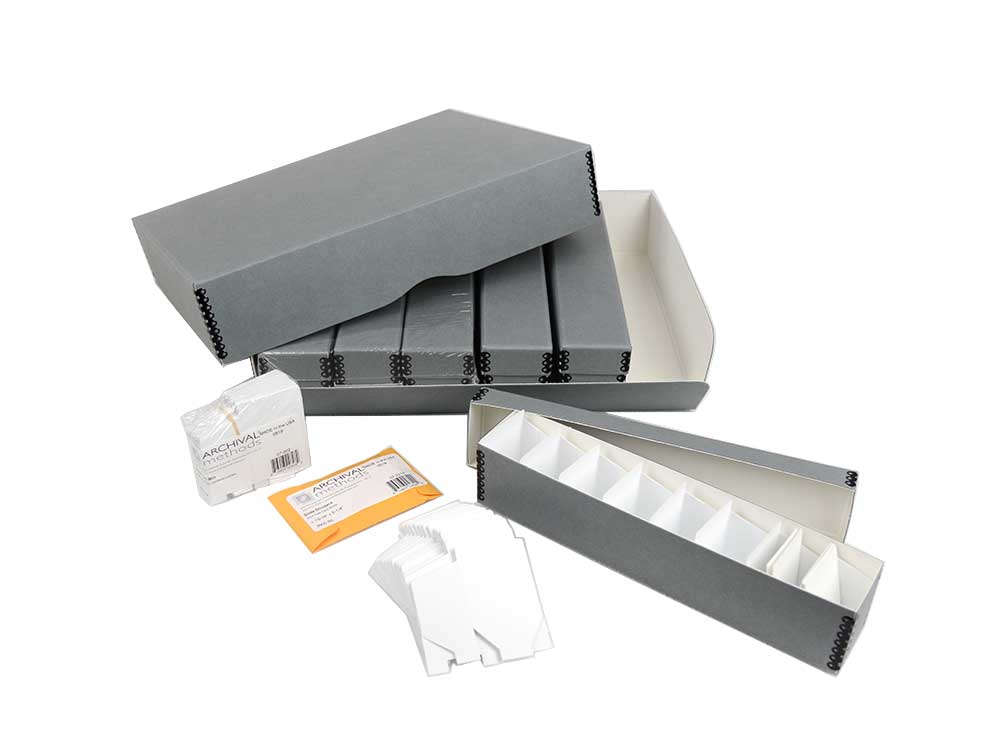 35mm Slide Storage Kit 1200 with acid-free boxes, slide trays, and dividers for safe organization and preservation of slides.
