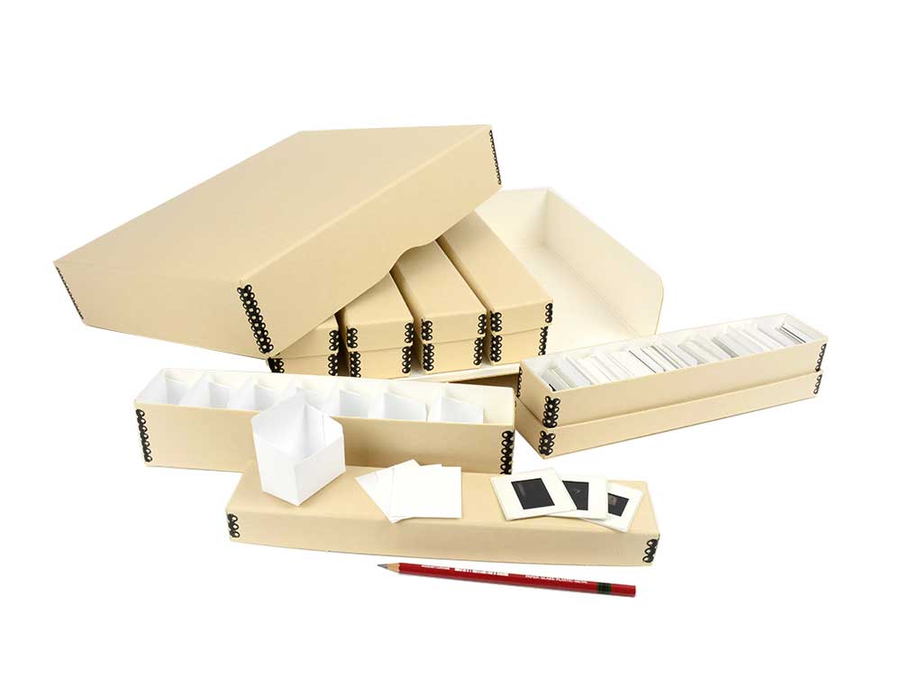 35mm Slide Storage Kit 1200 with acid-free boxes, slide trays, and dividers for safe organization and preservation of slides.