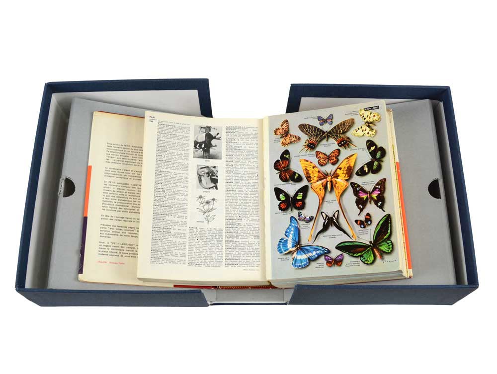 Rare Book Box with Cradle for fragile books, featuring a spine-supporting cradle holding an open book in a archival storage box.