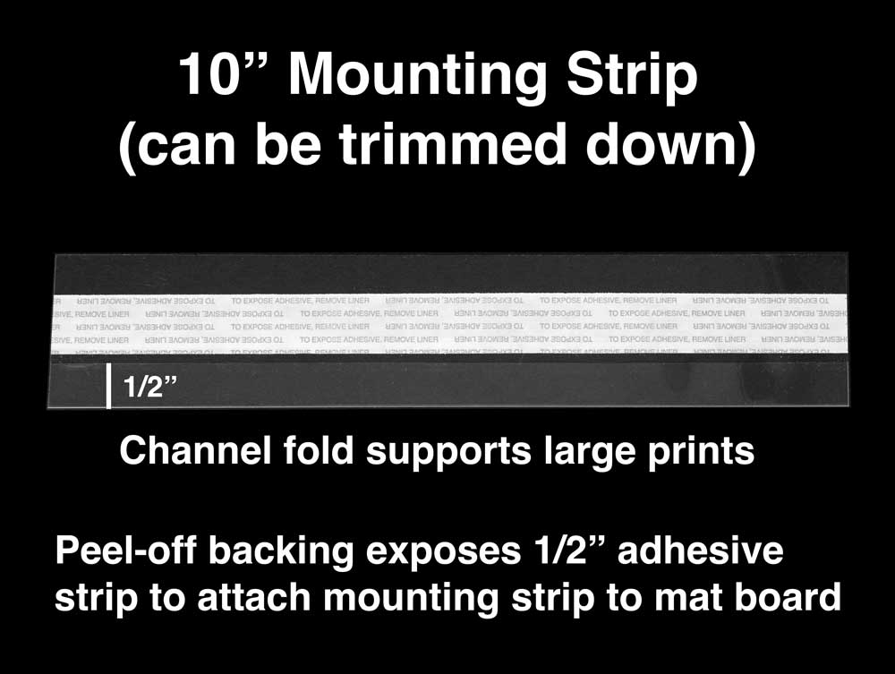 Archival-quality clear print mounting strips with self-adhesive backing, securely holding artwork in place without direct contact with adhesive.