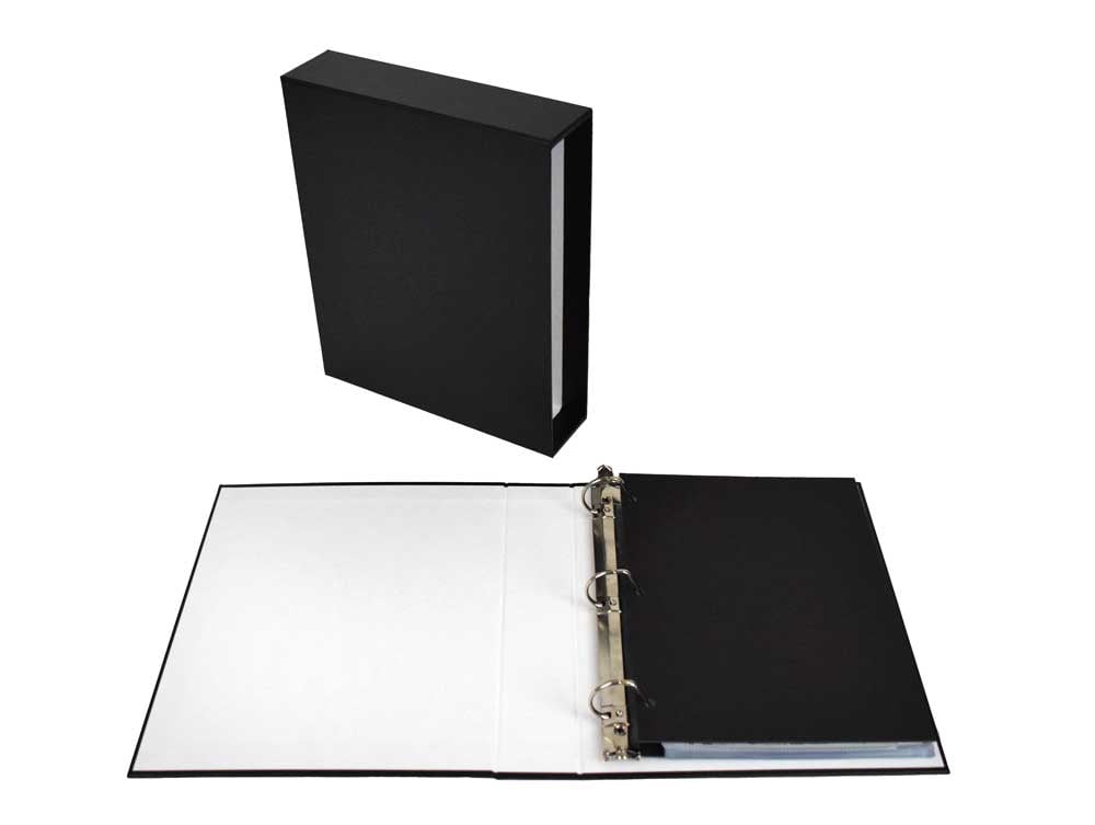 Open archival storage binder showing black page lifters. 3-ring binder uses acid free materials.