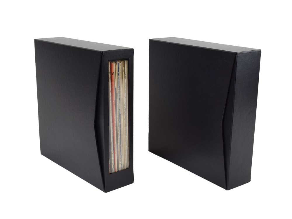 Showing two Vinyl Record Storage Boxes, one from the front and the other from the back. Box made of archival materials.