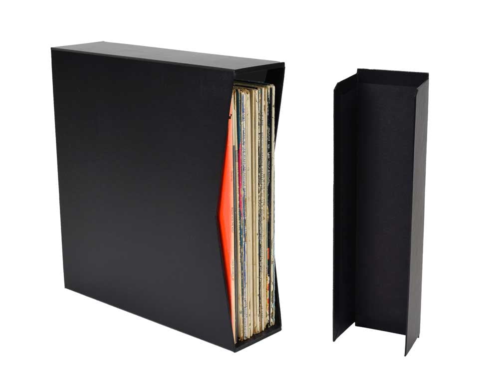 Showing the light-blocking removable cover of the Vinyl Record Storage Box for easy access to LPs. Box made of archival materials.