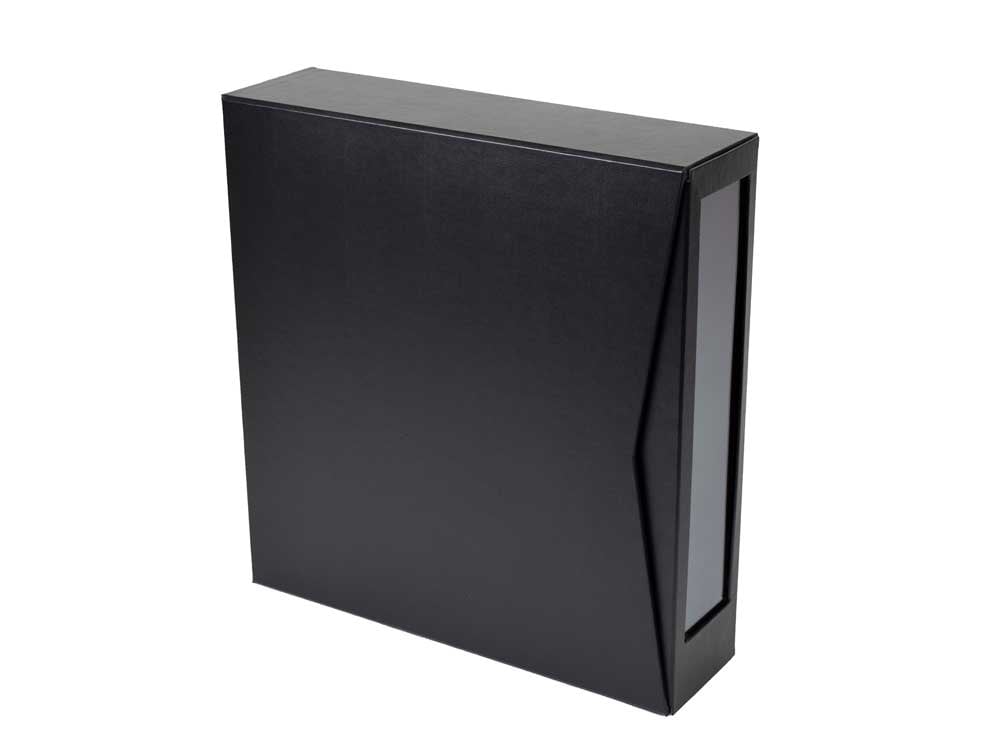 Vinyl Record LP Storage Box for 12” records, made from archival materials, with a see-through protective cover. 