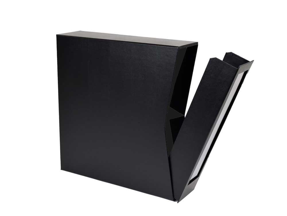 Showing the easily removable cover of the Vinyl Record Storage Box for easy access to LPs. Box made of archival materials.