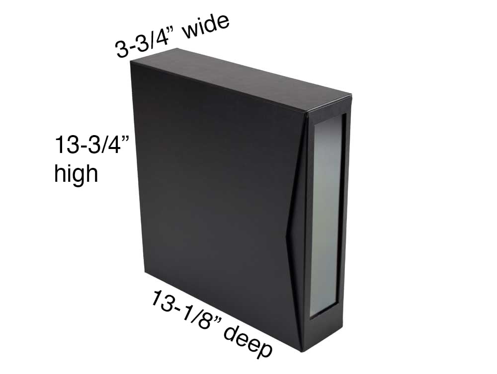 Showing the exterior dimensions of the Vinyl Record Storage Box 13-3/4’’H, 13-1/8’’D, 3-3/4’’W made of archival materials.