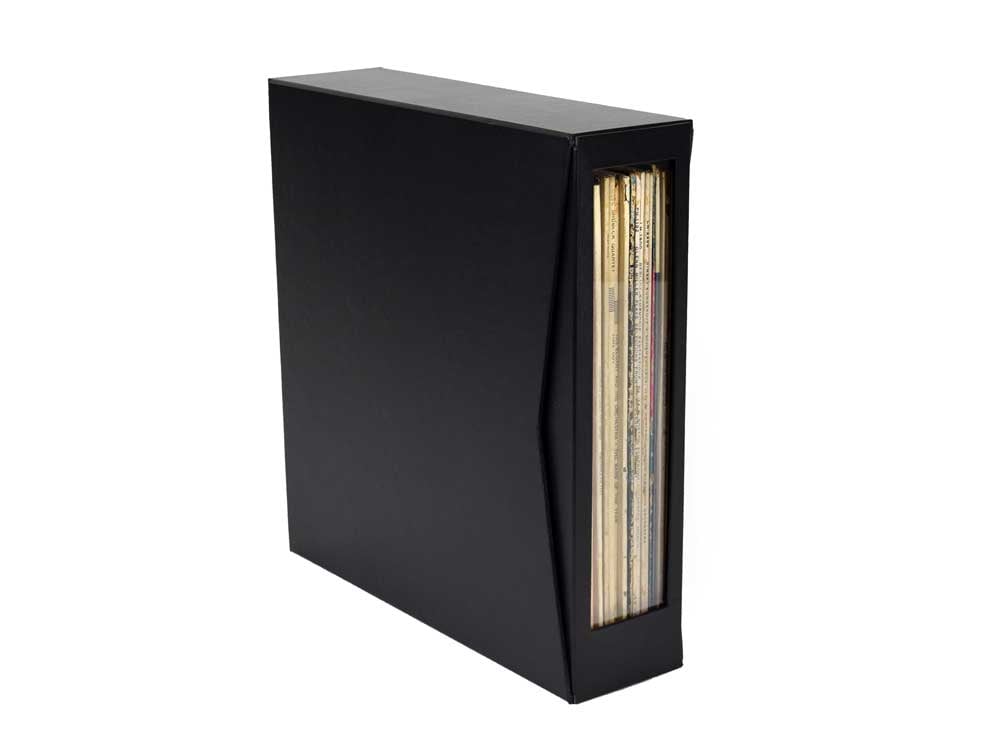 Vinyl Record LP Storage Box for 12” records, made from archival materials, with a see-through protective cover. 