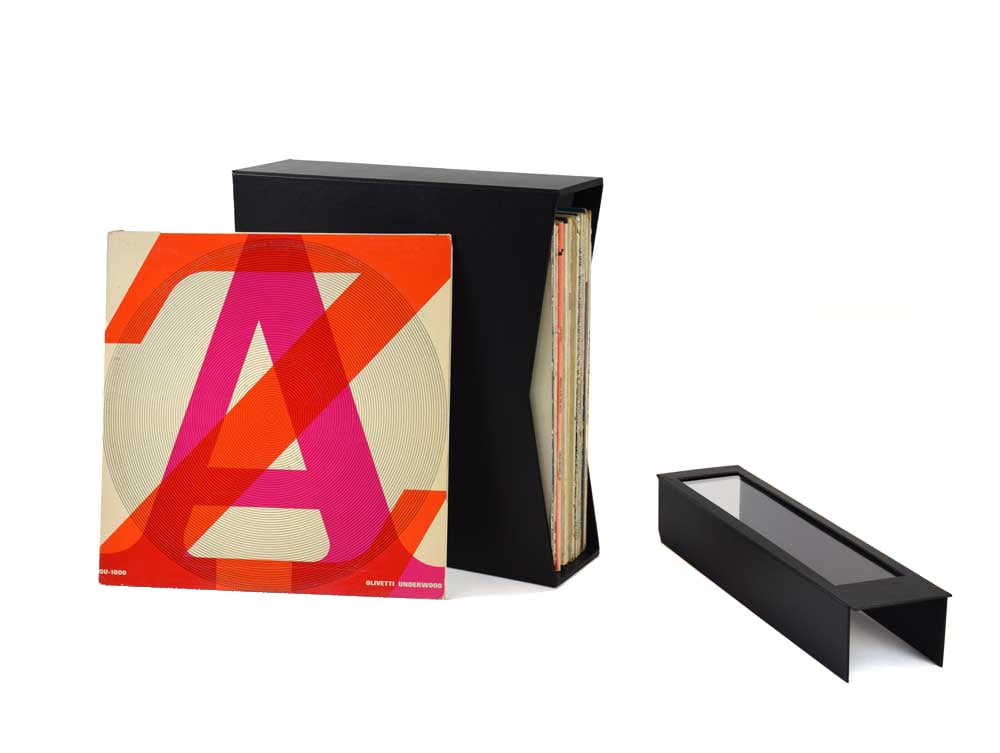 Vinyl Record Storage Box for 12” records with LP record cover displayed with see-through protective covers. Box made of archival materials.