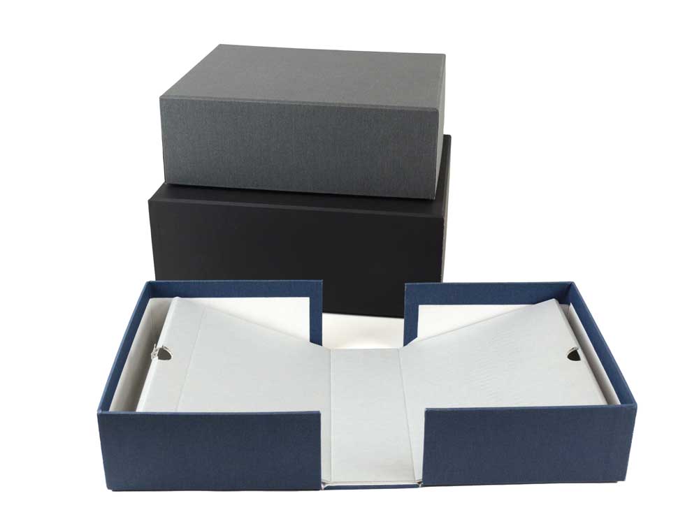 Rare Book Boxes, one open showing support cradle for archival storage. 
2 boxes stacked, showing sizes and color options.
