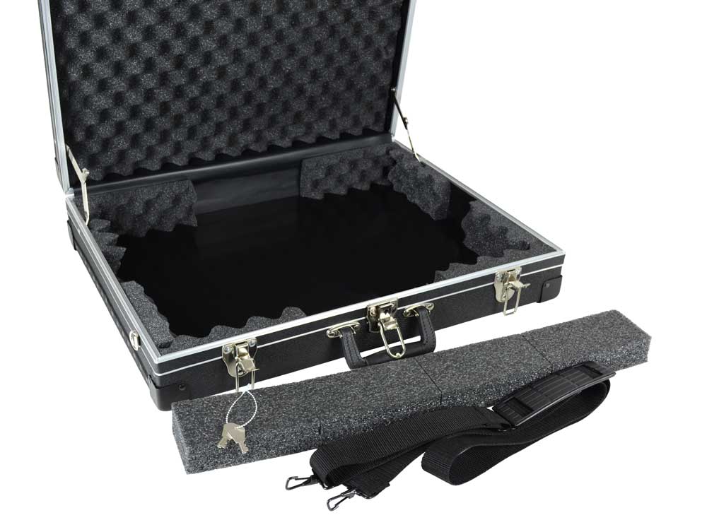 Art Carry Case includes shoulder strap and foam blocks for transporting art 