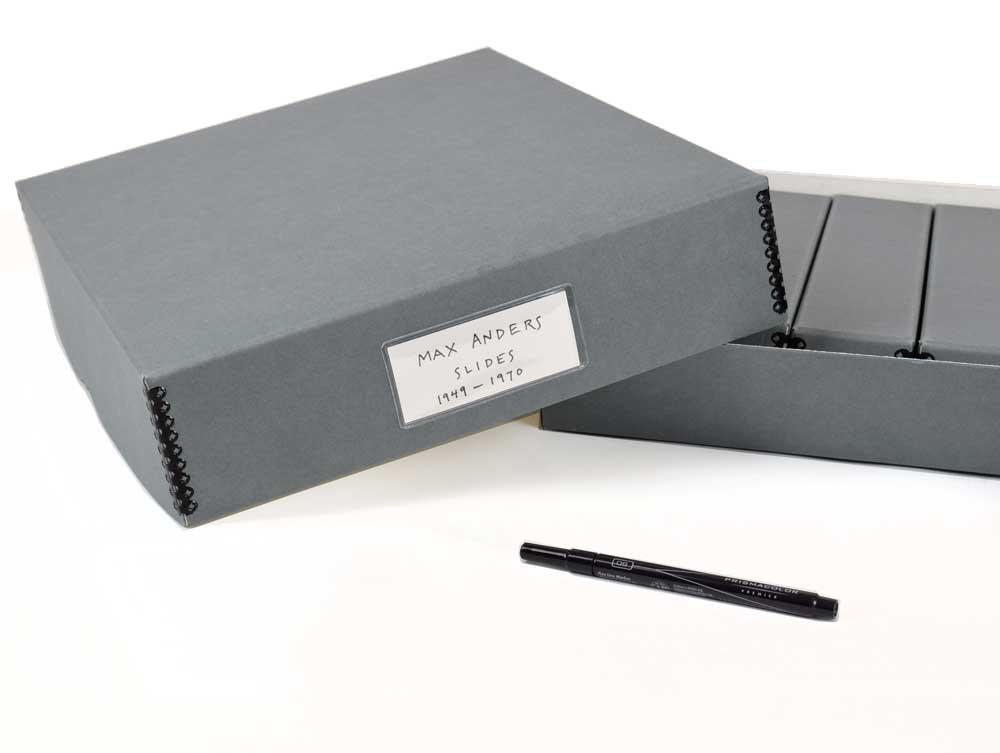 35mm Slide Storage Kit 1200 with acid-free boxes, slide trays, and dividers for safe organization and preservation of slides.