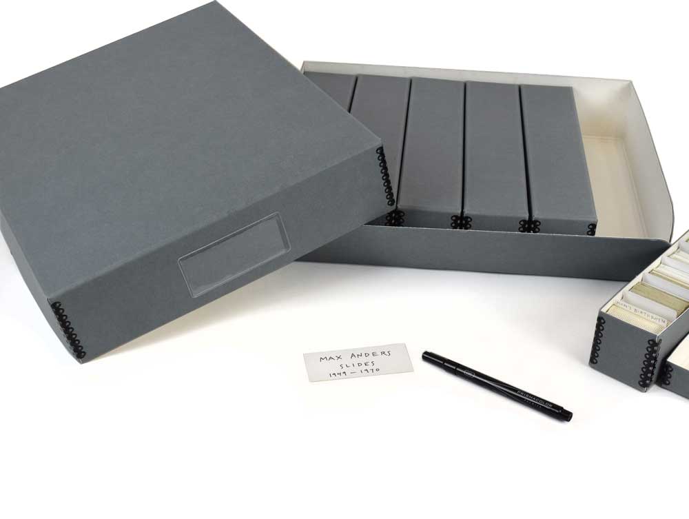 35mm Slide Storage Kit 1200 with acid-free boxes, slide trays, and dividers for safe organization and preservation of slides.