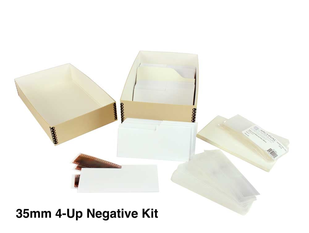 Archival Film Storage Kits featuring acid-free sleeves, sorting folders, and durable archival boxes for preserving 35mm negatives, 120 film, and 4x5 film.