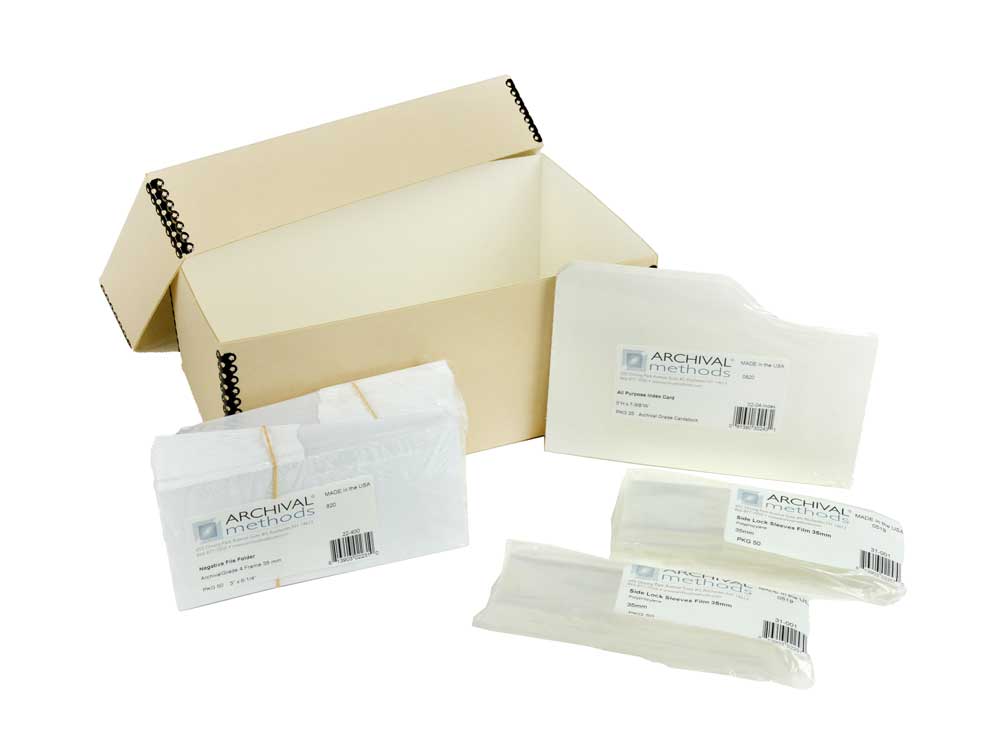 Archival Film Storage Kits featuring acid-free sleeves, sorting folders, and durable archival boxes for preserving 35mm negatives, 120 film, and 4x5 film.
