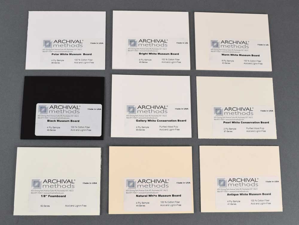 Board Sample Pack includes mat board colors, thicknesses, and acid-free mat board options for archival supplies.