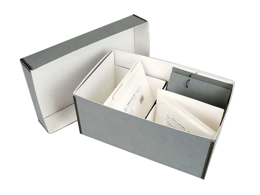 Create-A-Kit customizable archival storage box with mix-and-match inserts for organizing prints, slides, and memorabilia safely.