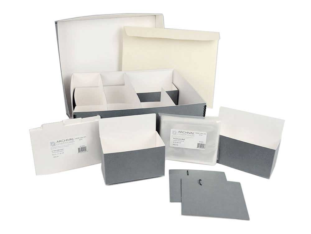 Create-A-Kit customizable archival storage box with mix-and-match inserts for organizing prints, slides, and memorabilia safely.