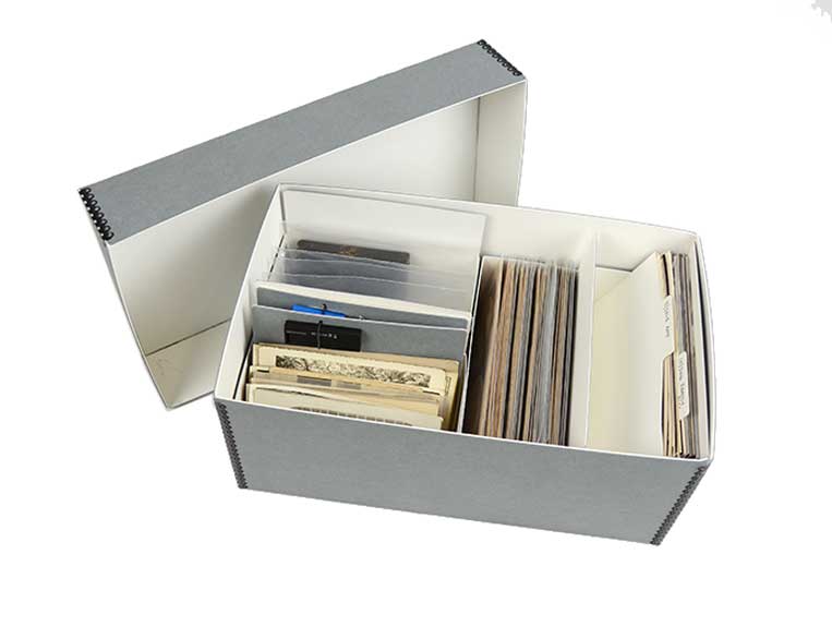 Create-A-Kit customizable archival storage box with mix-and-match inserts for organizing prints, slides, and memorabilia safely.