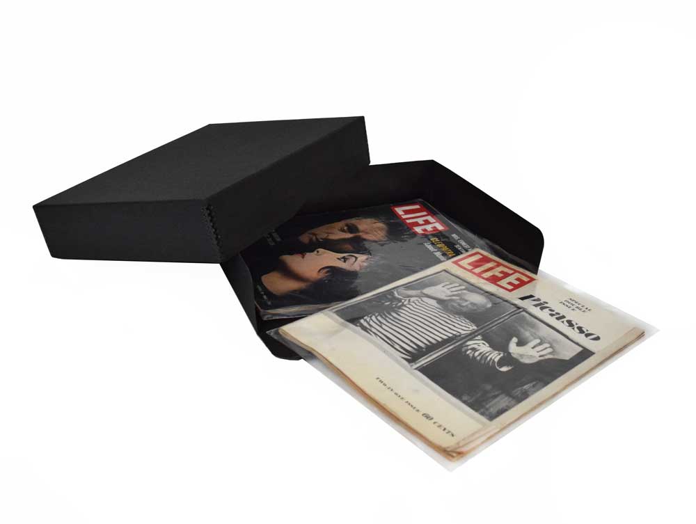 Black Archival Newspaper & Magazine Storage Kit with acid-free storage box, polyethylene bags, and for long-term preservation.