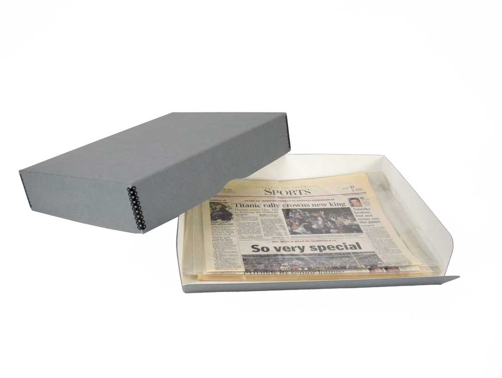 Gray Archival Newspaper & Magazine Storage Kit with acid-free storage box, polyethylene bags, and for long-term preservation.