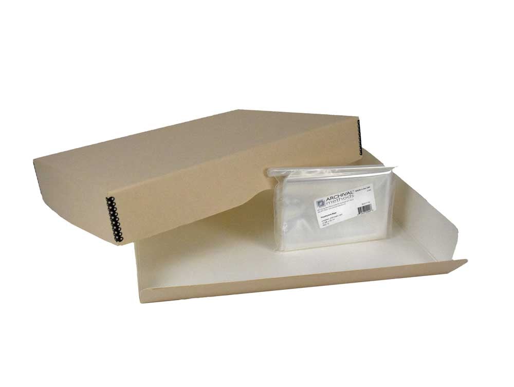 Tan Archival Newspaper & Magazine Storage Kit with acid-free storage box, polyethylene bags, and for long-term preservation.