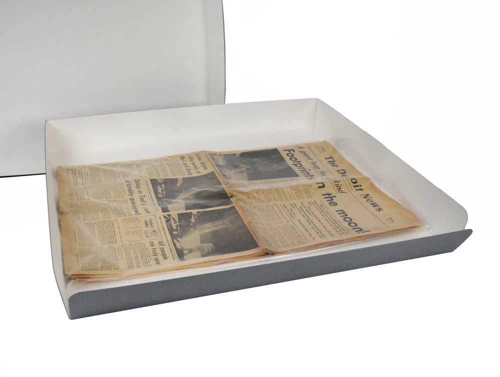 Gray Archival Newspaper & Magazine Storage Kit with acid-free storage box, polyethylene bags, and for long-term preservation.